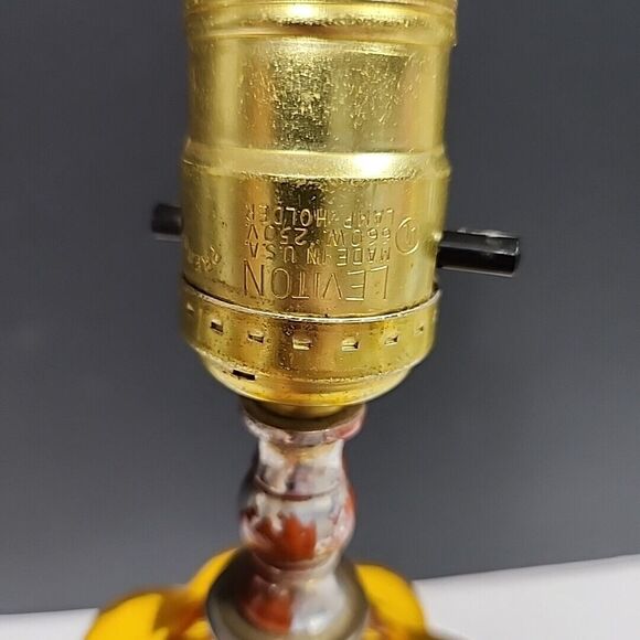 VTG Accent Table Lamp Amber Convex Bubble Glass, Wooden Base, Wood & Brass 12.5" - Picture 5 of 14